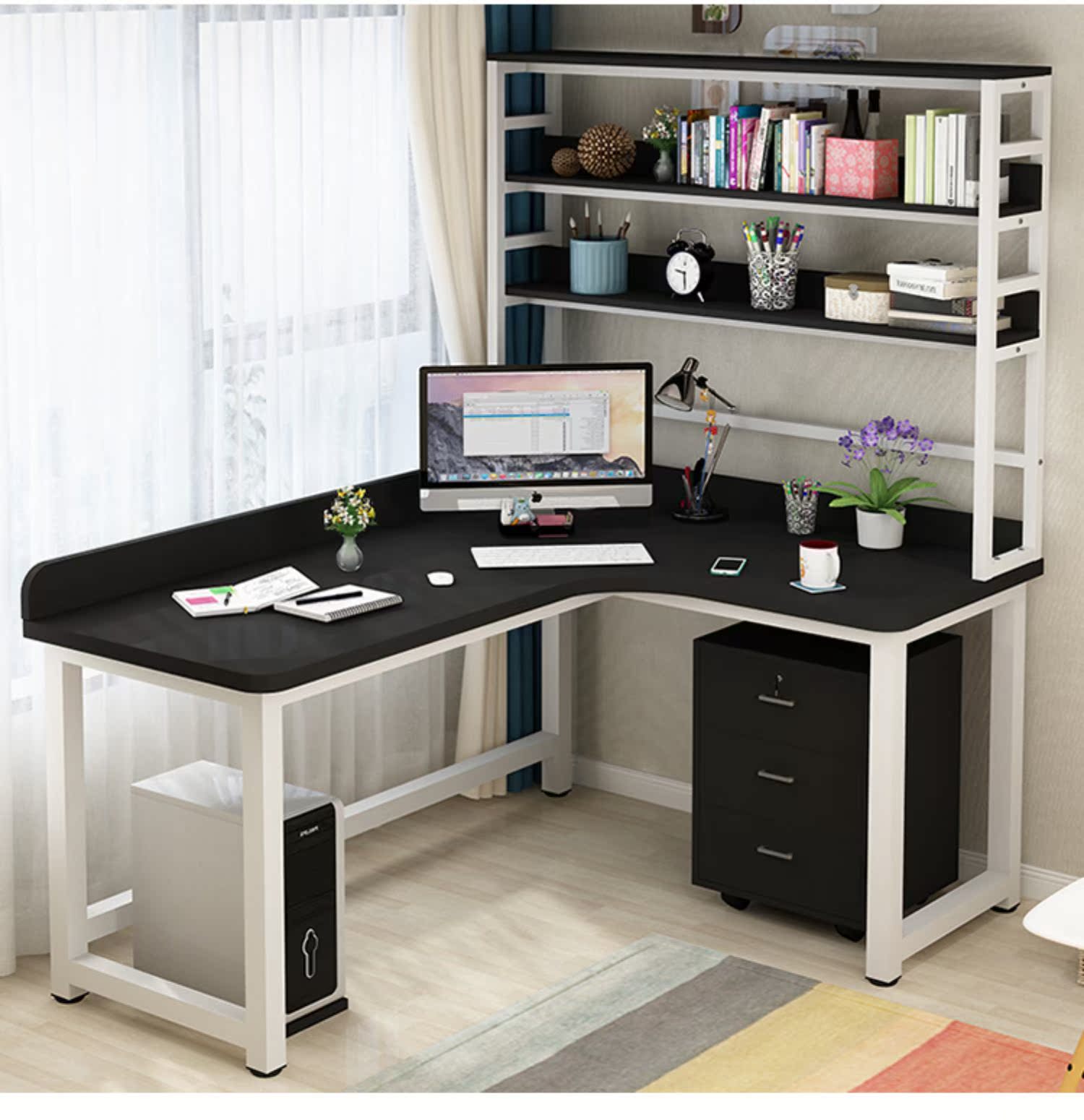 电脑台式桌转角书桌书架组合家用学生写字台学习桌书柜一体拐角桌