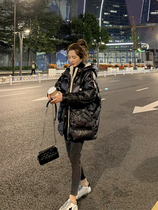 2021 Winter new black shiny hooded down jacket womens long fashion burst light bread jacket tide