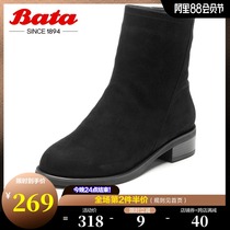 Bata winter new shopping mall with the same British style suede real sheepskin thick-heeled booties women plus velvet 9072DDZ9
