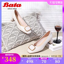 Bata fairy shallow mouth single shoes 2021 spring shopping mall new Joker real sheepskin thick heel work shoes 51251AQ1