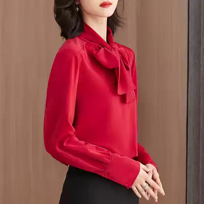 Red bow shirt women's long-sleeved 2021 new casual Western style streamer top chiffon shirt temperament fashion