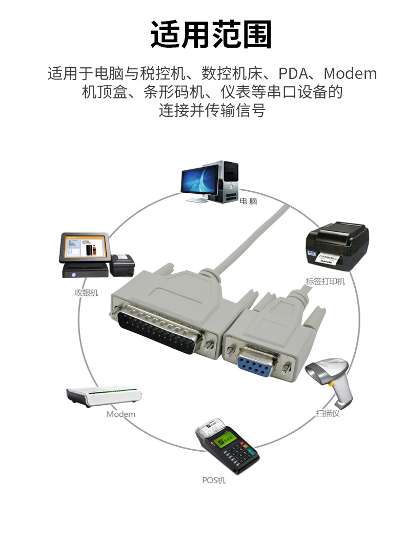 9孔转25针rs232串口数据线db9/db25串口转并口电脑连接票据打印机