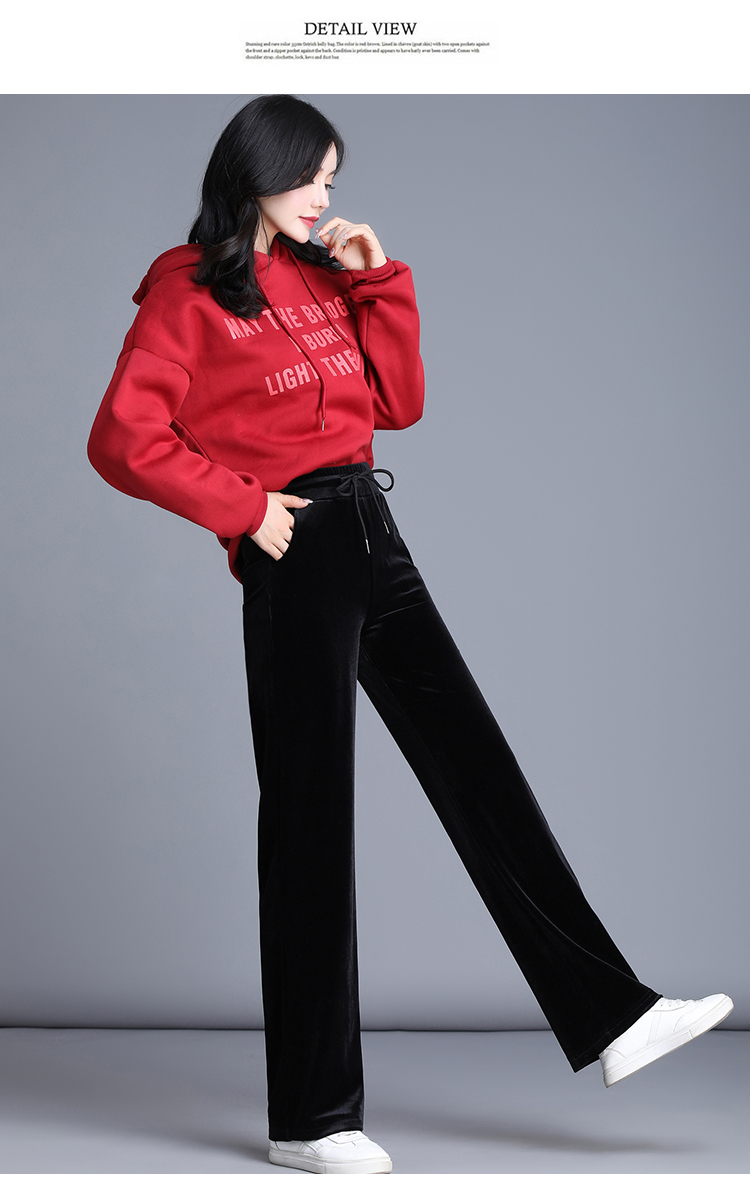 2019新款垂感金丝绒阔腿裤女秋冬季加绒加厚保暖宽松高腰休闲长裤