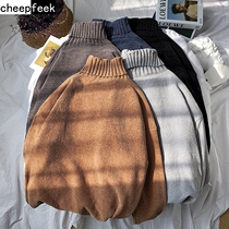 Autumn and winter high neck solid color thick turtleneck sweater mens tide harbor wind warm base knitted sweater Harajuku khaki top