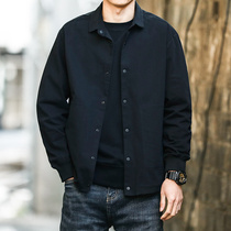 Black Jacket Mens Spring Autumn Season style Korean version Trend Short Turned Collar Shirt Male TOOLING MENS CASUAL JACKET MAN