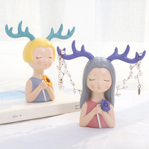 Creative antler girl jewelry key storage ornaments wine cabinet porch living room desktop Nordic home decoration furnishings