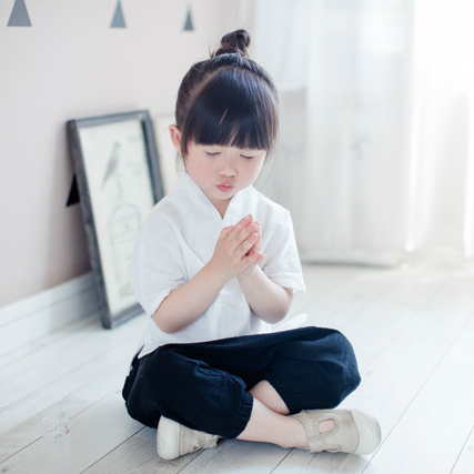 汉服夏款男女童宝宝纯棉小v领短袖t恤 哈伦裤套装复古和尚服唐装_3折