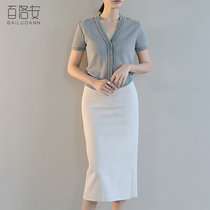 Bai Luoan Contrast V-neck short sleeve knitwear summer New Fashion Womens exterior temperament thin T-shirt cardigan top