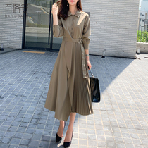 Bailuoan lace lapel long sleeve shirt dress women Autumn new waist slim dress long pleated skirt