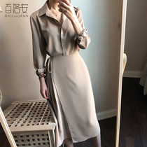 Bai Luoan knee lace lapel shirt dress women 2021 autumn dress new Korean slim slim long sleeve dress