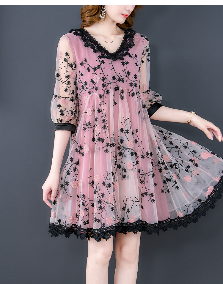网纱蕾丝刺绣连衣裙女2022新款夏装宽松遮肚子显瘦时尚洋气a字裙 - 17