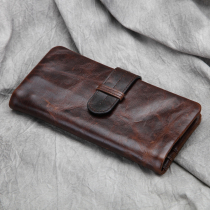 Hot selling mens old vintage first layer cowhide oil wax leather Crazy Horse leather Long genuine leather multi-card womens wallet