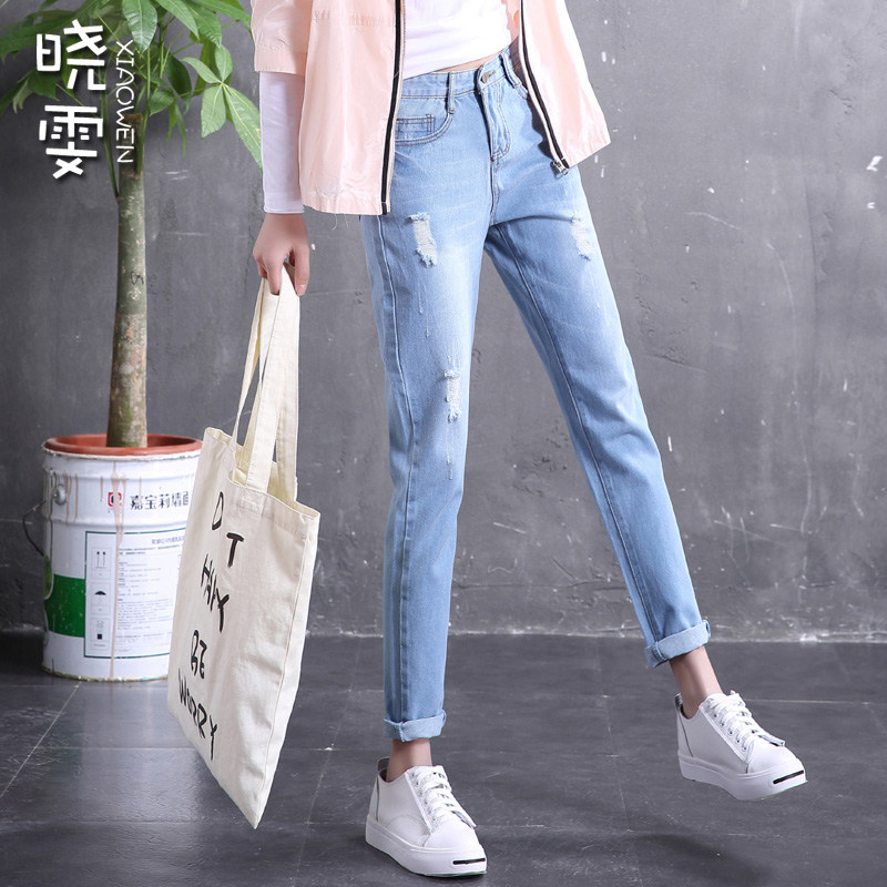 破洞牛仔裤女宽松乞丐宽松韩国大码bf高腰哈伦裤显瘦学生百搭风