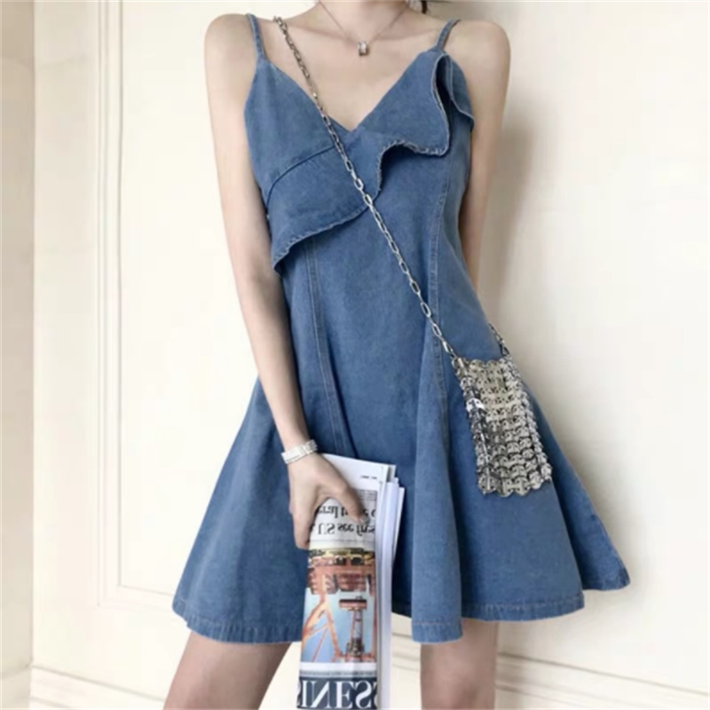 2021 summer fashion women's new denim skirt vintage suspender skirt fairy wind sexy halter dress woman