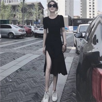 Seaside resort beach skirt temperament goddess Fan small black skirt long dress French retro dress