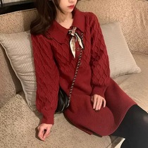 2021 Autumn loaded with new small fragrance Wind Skirt High-end Light Lavish Red Temperament Knit Polo Collar Dress Winter