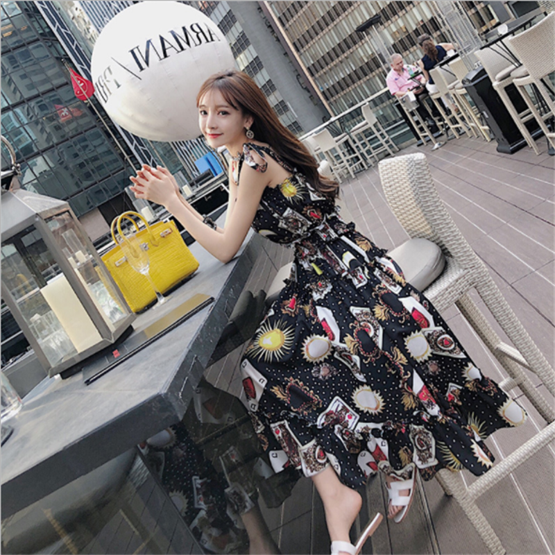 Dilraba Same Style Beach Fairy Dress Floral Skirt Women's Summer Slim Waist Slim Temperament Sexy Sling Dress