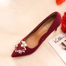 Wedding shoes bridal shoes thick heel womens Xiuhe shoes wedding shoes waterproof platform wine red stiletto single shoes pearl pointed toe