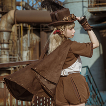 Steam Continental Steampunk one-button imitation suede hooded sleeveless cape jacket Cape top