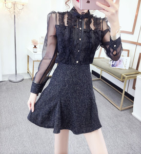 Slim lace shirt + high waist A-line Skirt Set