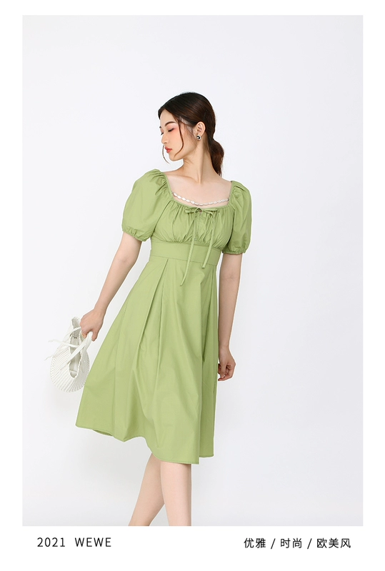 WEWE Weiwei 2021 Sản phẩm mới dành cho mùa hè của phụ nữ Tính thời trang ngọt ngào của phụ nữ Đầm cao eo phồng tay áo - Váy eo cao