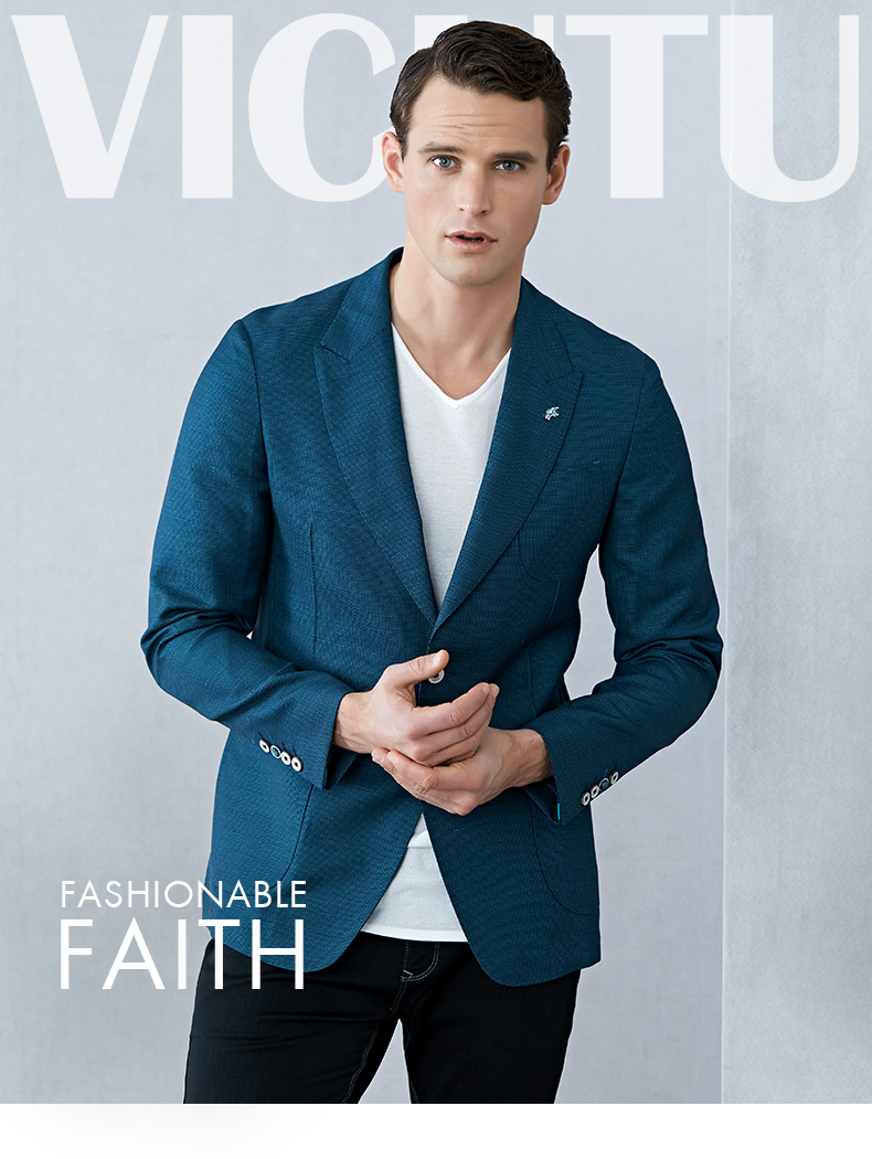 vicutu/威可多男士休闲西装蓝绿格纹亚麻双开叉两粒扣单西服