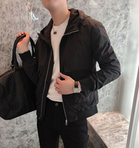 European station autumn thin hooded windbreaker jacket men Korean slim short multi-pocket tooling jacket Tide brand