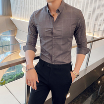 European station autumn Plaid long sleeve shirt men Korean version of Tide brand handsome business leisure inch shirt non-iron slim shirt
