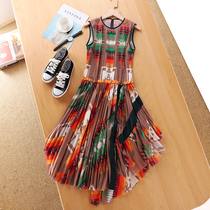 Indian nomadic print bump color color block Heavy work pressure pleats female round collar sleeveless length with dress 67169