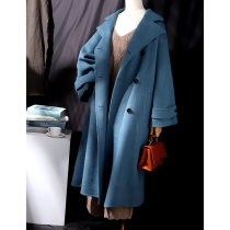 Full-hand sewn double-sided womens suit collar loose long double-breasted woolen coat 69396