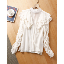 Quite heavy work light and luxurious ~ hand kneaded lotus leaf lace woman double crepe mulberry silk law style white real silk shirt 80141