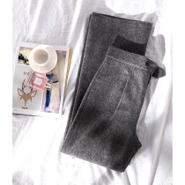 Atmospheric Field Herringbone Tattoo yarn color Velox 30 wool female high waist deep grey horn casual long pants 69943