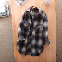 Hot shirt style woolen jacket retro English check womens loose medium long coat 70568