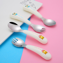 304 stainless steel baby children tableware portable baby learning to eat spoon fork set cartoon supplementary food training spoon