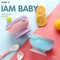Cartoon cute childrens auxiliary food bowl spoon fork bowl set Baby strong suction cup bowl Crooked head learn to eat training spoon