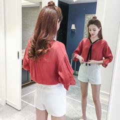 实拍2017夏季韩版新款五分袖雪纺上衣V领百搭中袖雪纺衫女