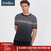 Jinlilay summer mens casual short sleeve round neck densely striped knitted fashion T-shirt men