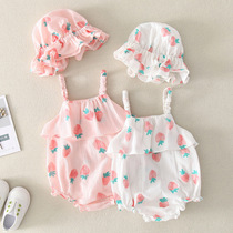 Baby clothes Womens summer clothes Triangle princess sling climbing suit Baby one-piece coat bag fart coat Hat two-piece set