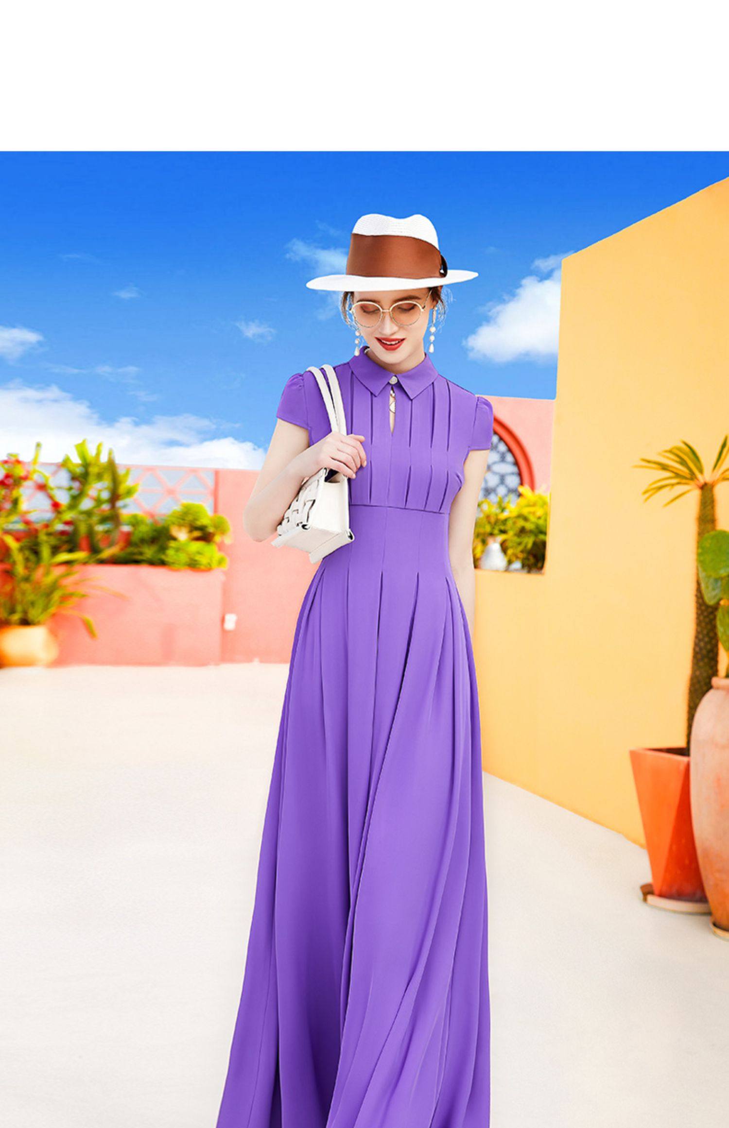 预售dz1539 紫色气质百褶长款连衣裙