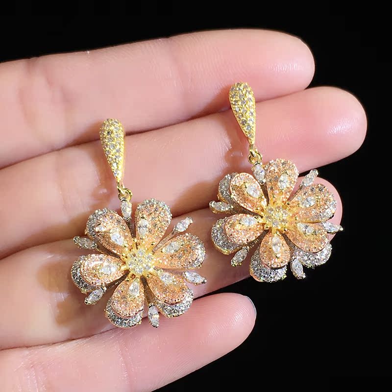 韩国奢华高档铜微镶aaa闪耀锆石耳钉少女网红花朵耳环耳坠耳配饰_7折