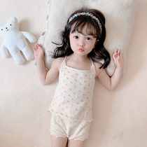 Lacquer Episode Summer New Pint Toddler Toddler Pure Cotton Knit Suit Girl Hollowed-out Lace Harness Shorts Thin