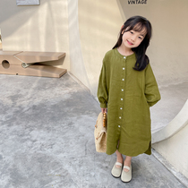 Lacquer Episode Spring Autumn New Pint Children Dress Children Pure Color Long Sleeve Shirt Dress Girl Linen Long Skirt Literary and Art Mori Family