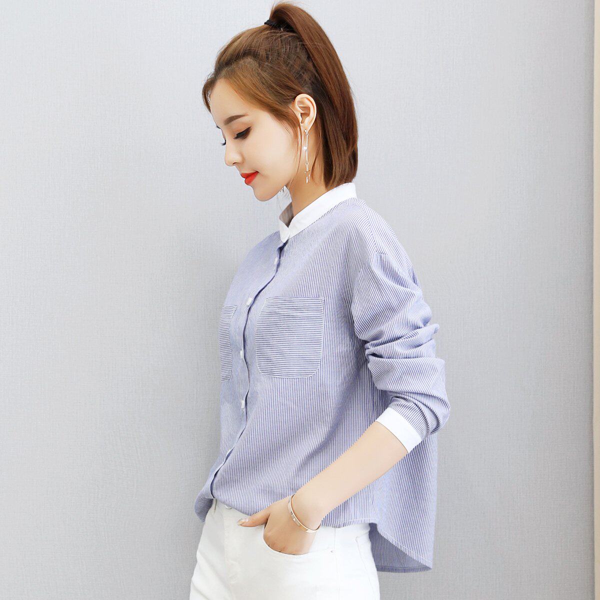 唯依沫系列品牌折扣落肩小立领撞色条纹女士长袖衬衫1021秋