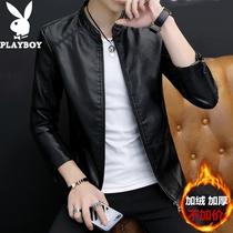 Flowers Playboy leather clothes Mens autumn Winter Korean version Leisure locomotive clothes gush jacket mens body upfront PU leather jacket