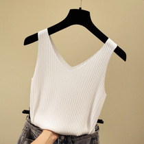 Summer new V-neck sleeveless ice silk knitted small camisole vest female slim Joker outside wear inside lace top