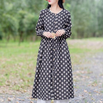 Original cotton linen dress 2020 Spring and Autumn new long sleeve thin linen foreign style polka dot floral dress