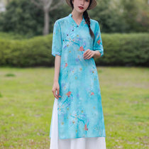 Original pure fine ramie high open fork dress female Chinese style improved literary retro loose dress 1001