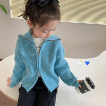 Girls' pit zipper shirt spring sweater top 2023 new blue baby child pure-colored sweater coat