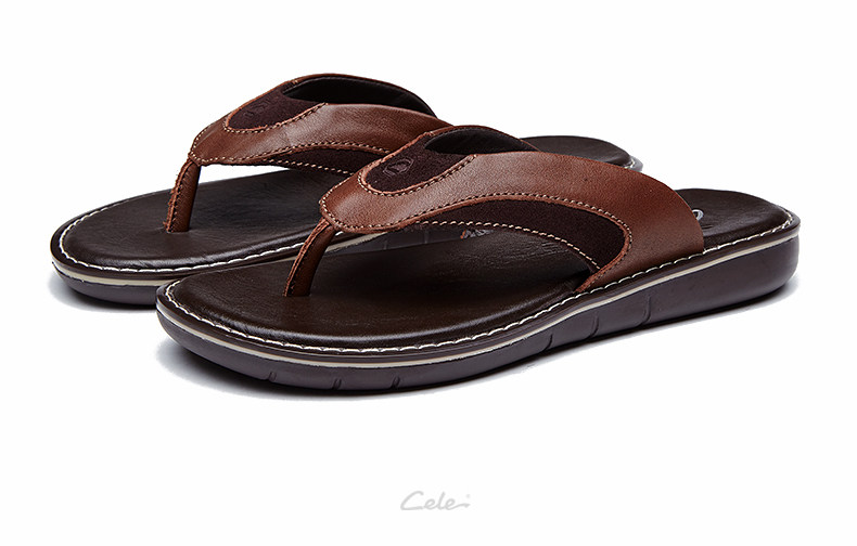 cele/策乐夏季舒适透气男士牛皮夹趾拖鞋日常休闲人字拖鞋男时尚
