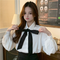 Spring and autumn Korean version 2021 new POLO collar butterfly knot can be sweet and salt laminated wearing loose long sleeve white shirt blouses woman